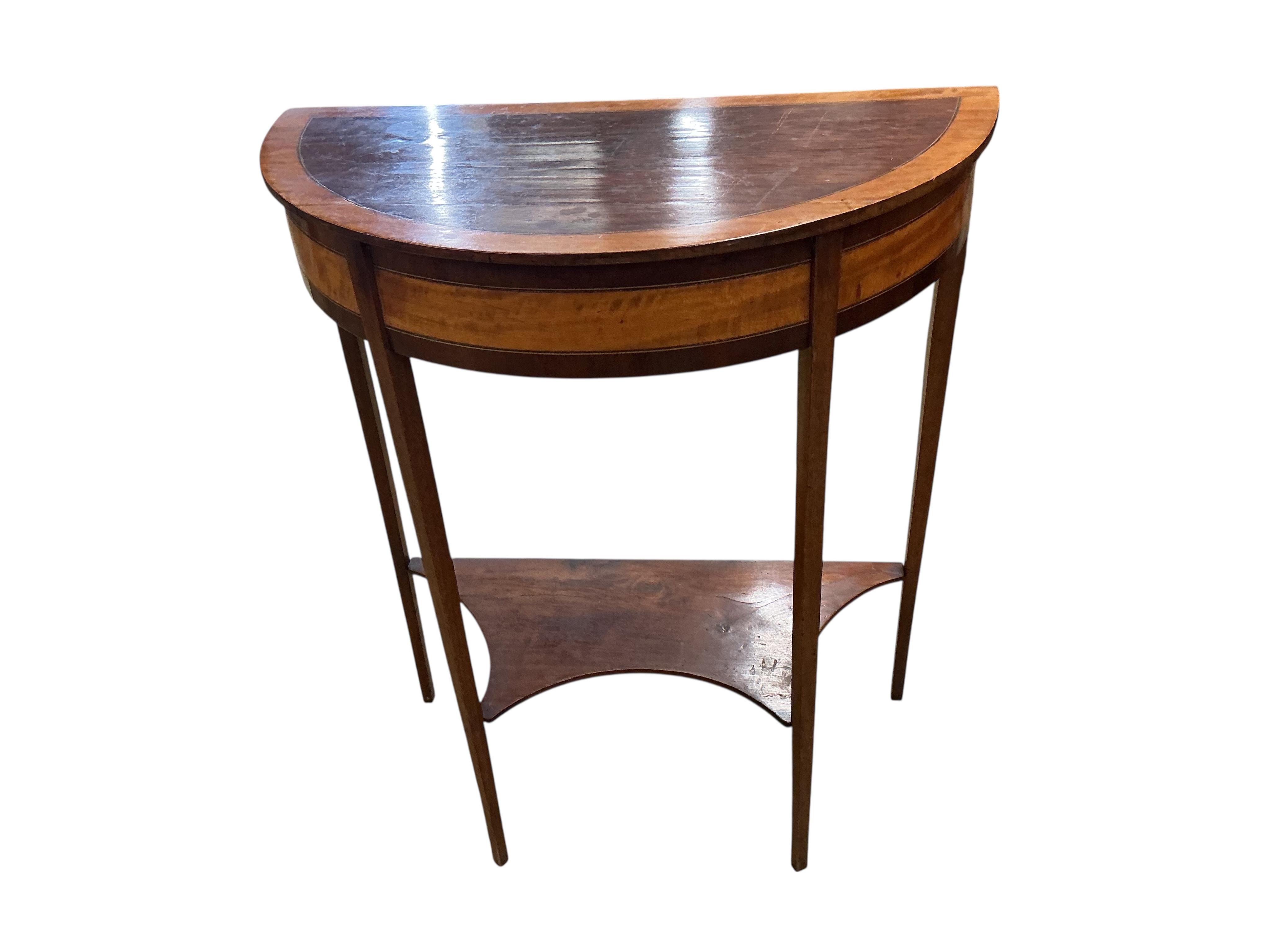 A George III style satinwood banded inlaid demi-lune two tier table, width 64cm, depth 32cm, height 77cm